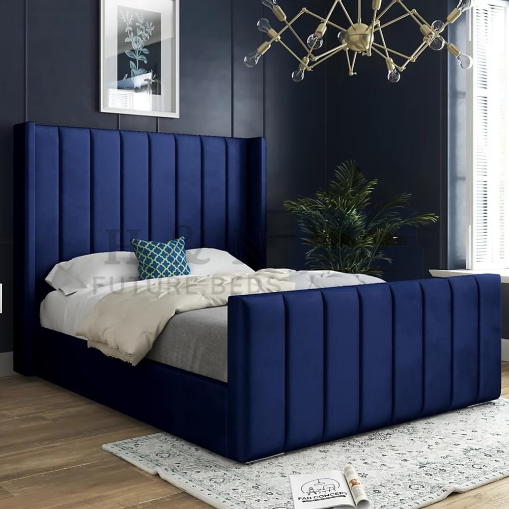 H&N Future Beds | 54” Tall Luxury Wingback Panel Bed Frame – 20" Footboard, Plush Velvet, Ottoman Gas Lift & Orthopedic Mattress (Blue Plush without Mattress, 3FT Single without Gaslift)