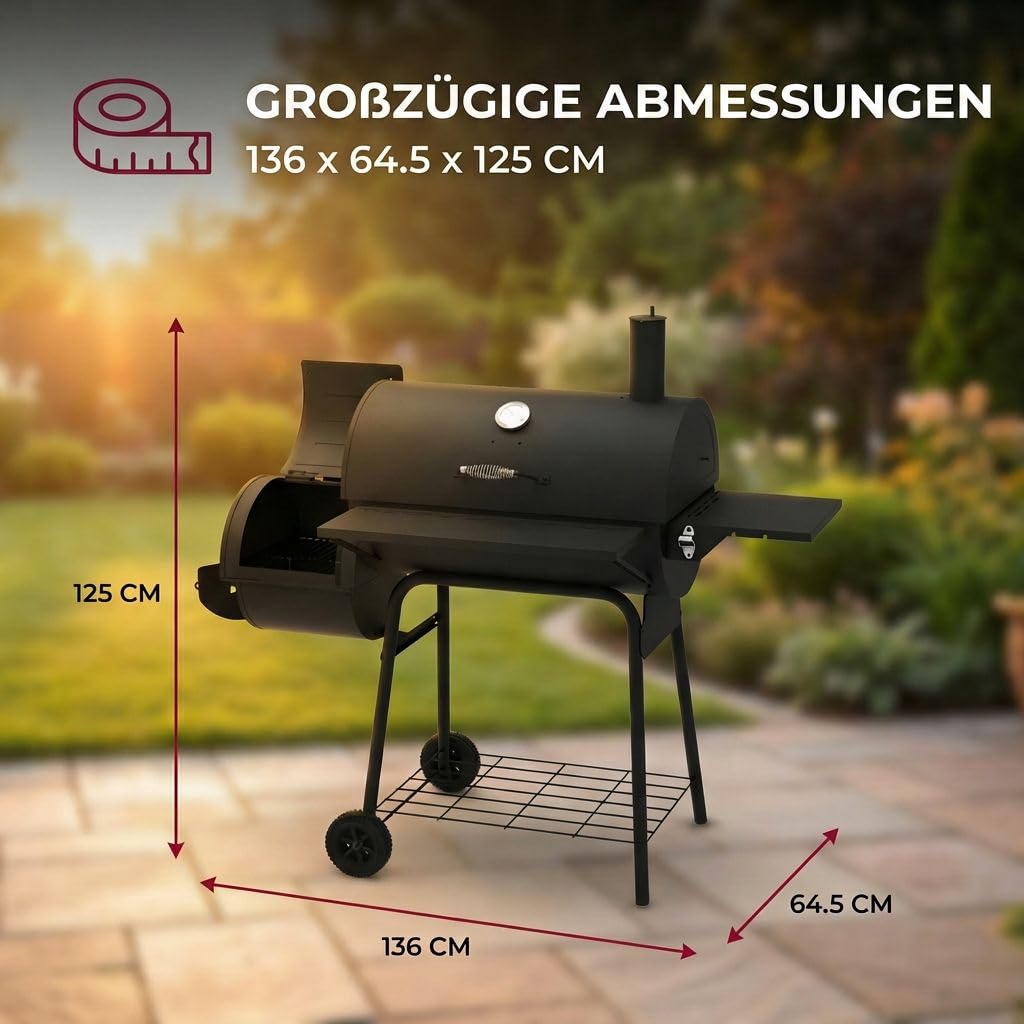 Lugia Holzkohlegrill mit Smoker – XXL Grillwagen 66x41 cm – BBQ Grill mit Deckel, Thermometer, Warmhalterost, Seitentisch & Flaschenöffner – Offset Smoker für Garten & Terrasse