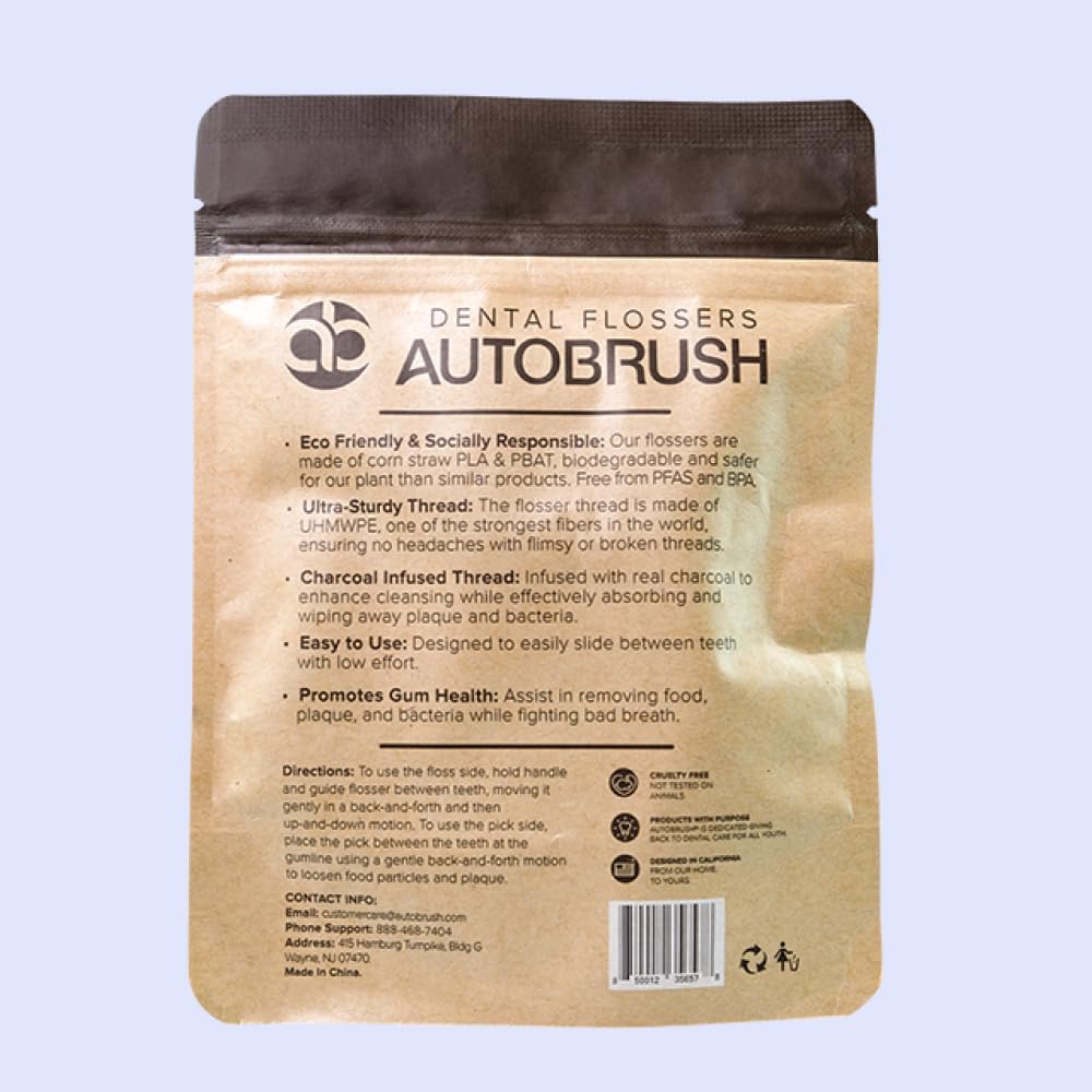 autobrush Charcoal- Mint Dental Flossers for Adults- Floss Picks, for Complete Cleansing and Plaque Removal, Easy-to-Use Design (2-Pack)