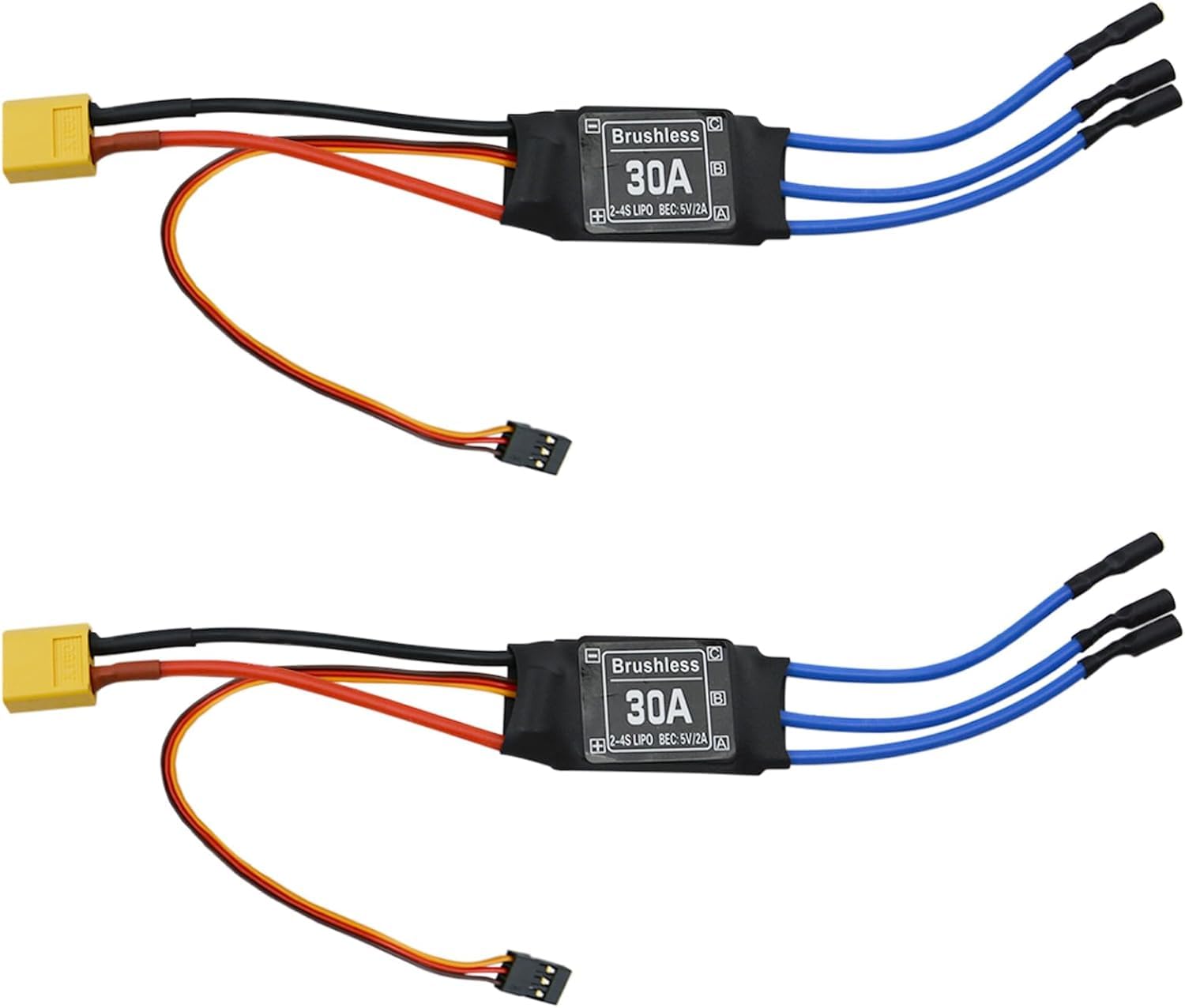 2x ESC Brushless 30A Avec Prise XT60 - Contrôleur De Vitesse Sans Balais Pour Drone RC, Hélicoptère, FPV - BEC 5V/2A, 2-4S LIPO