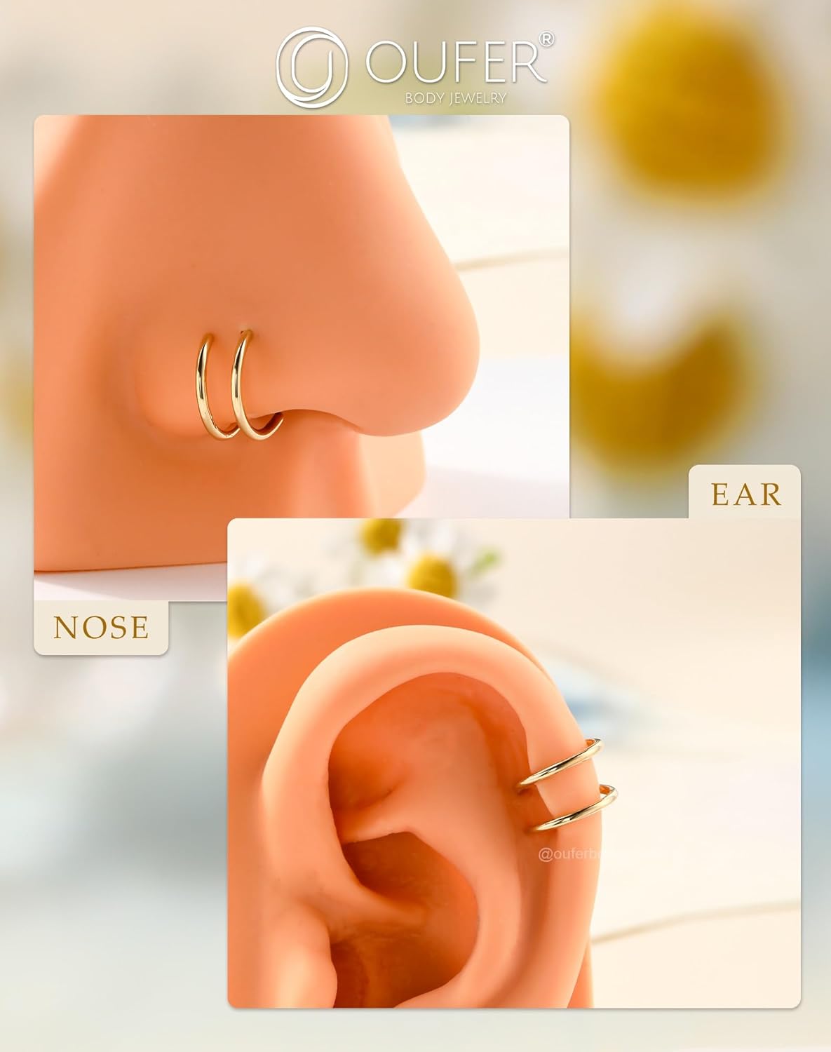 OUFER 18G Nose Rings, 9K Solid Gold Nose Rings Hoops, Double Hoop Nose Ring, Nostril Piercing Jewelry, Nose Piercing Jewelry For Women - Image 2