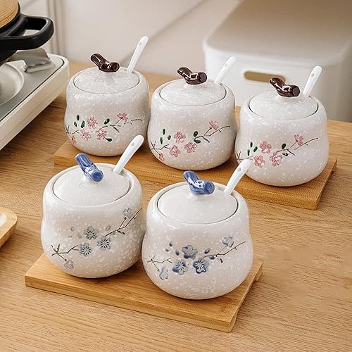 Miniatura 5 de YMYL 2 tarros de cerámica retro para condimentos, 13.5 onzas, de porcelana, para condimentos, azucareros, con tapas, cucharas y bandeja de madera