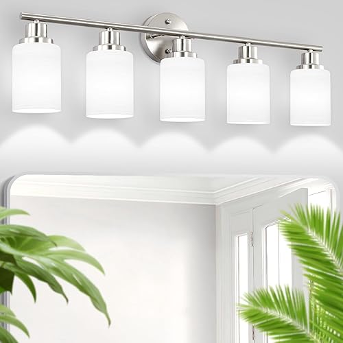 Miniatura 7 de Luces de tocador de níquel cepillado de 5 luces, lámparas de baño con pantalla de vidrio blanco lechoso texturizado, accesorios de iluminación