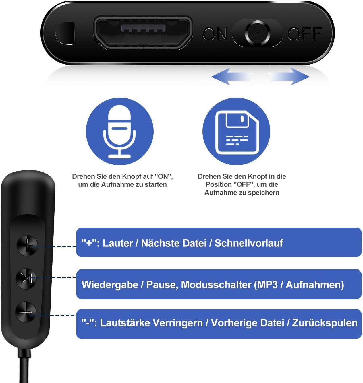 Mini grabadora de voz TDW Mini grabadora de 16 GB con micrófono, grabadora de voz digital pequeña, USB, con auriculares, para grabación, conferencias, reuniones, entrevistas, color negro