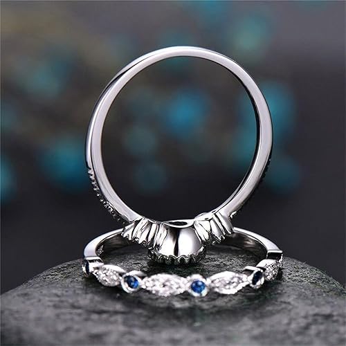 Miniatura 5 de Fashion - Juego de 2 anillos de plata de ley 925 con zafiro natural, corte redondo, circonita cúbica, anillo de compromiso clásico de eternidad,