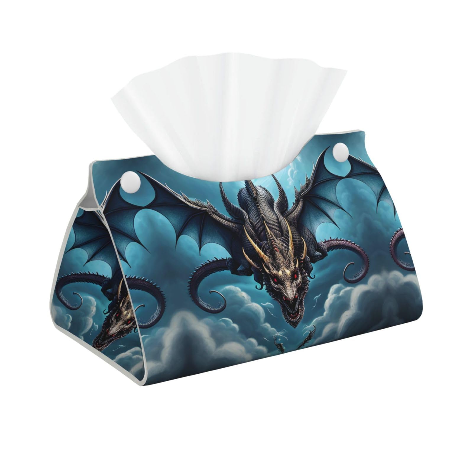 Flying Dragon Print Long Tissue Box Cover Holder Foldable Leather Organizer for Vanity, Nightstand, Desk & Bathroom