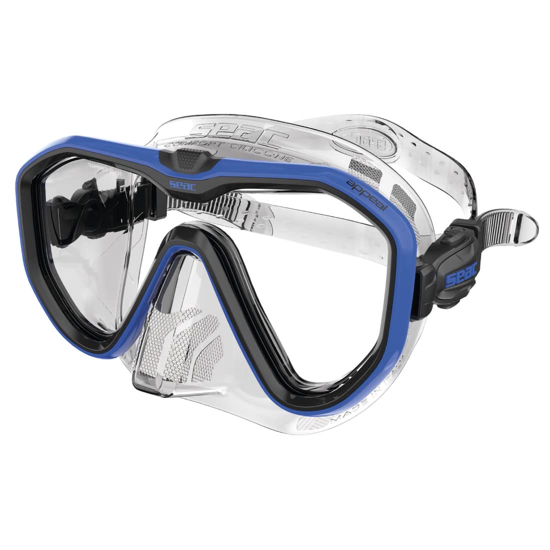 SEAC Appeal Maschera da Subacquea monolente con Fibbia 3D sul facciale – Trasparente/Blu