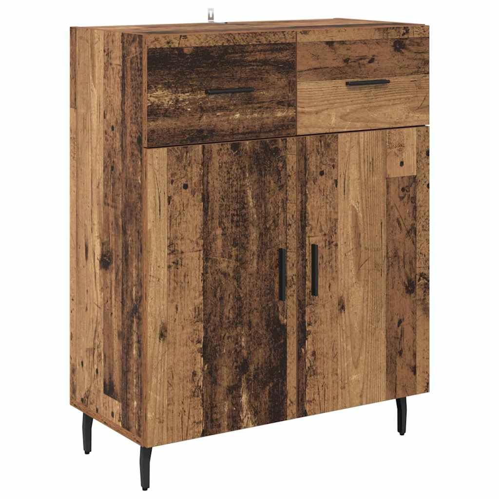 Buffet haut avec tiroirs en bois vieilli et verre, buffet moderne avec espace de rangement, armoire étroite pour salon, salle à manger, couloir, étagère fonctionnelle