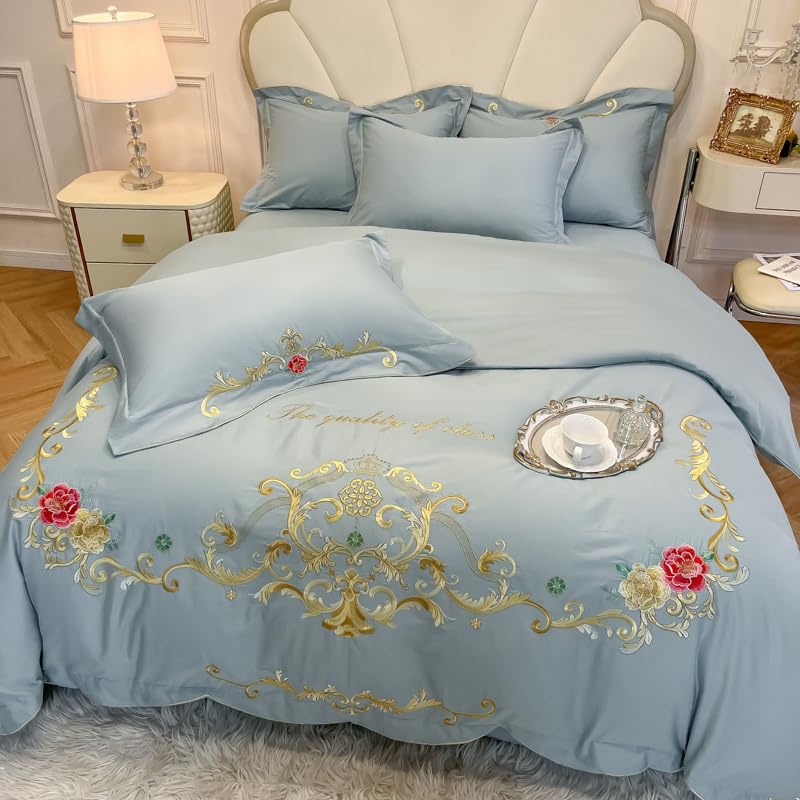 Image of JJ's Imported Skin Friendly Pure Washed Cotton Heavy & Beautifully Embroidered Wedding Style 5 Pcs King Size Double Bed Luxury Bridal Bedding Set with Heavy Comforter /Quilt (Light Blue 44)