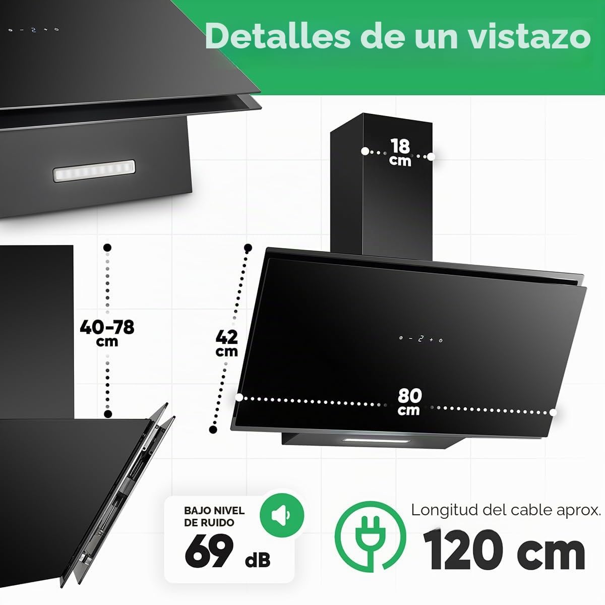 Campana extractora Bomann® de 80 cm de ancho - Campana extractora con recirculación y conducto - Accesorios de montaje incluidos - Potente extracción - Campana silenciosa sin cabezal de 80 cm