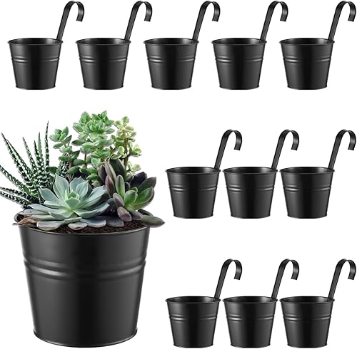 Paquete de 12 macetas colgantes para balcón, barandilla negra, macetas de 6.4 pulgadas con agujeros de drenaje, soporte para plantas colgantes para