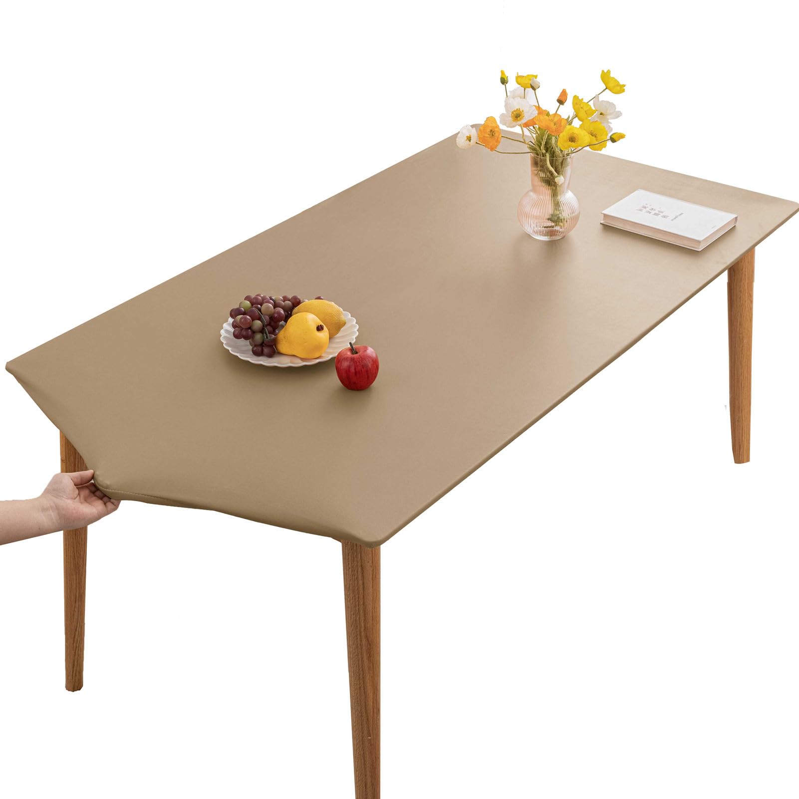 YCDZSW Rectangular Table Cloth Waterproof Wipeable- Elastic Edged Vinyl Rectangular Fitted Tablecloth,Table Cover for Kitchen,Dining,Courtyard,Party,Indoor,Outdoor Tabletop Decor (80X140CM,Camel)