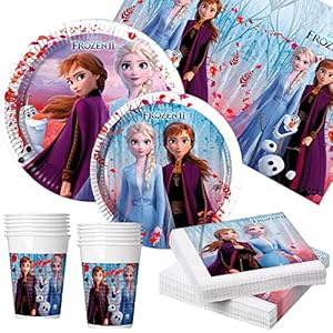 Disney – Vajilla Frozen infantil, Fiesta cumpleaños niña, Frozen cumpleaños, Decoración cumpleaños niñas Frozen, platos, vasos, servilletas, mantel, 16 comensales, desechables, 89 pcs (71991)