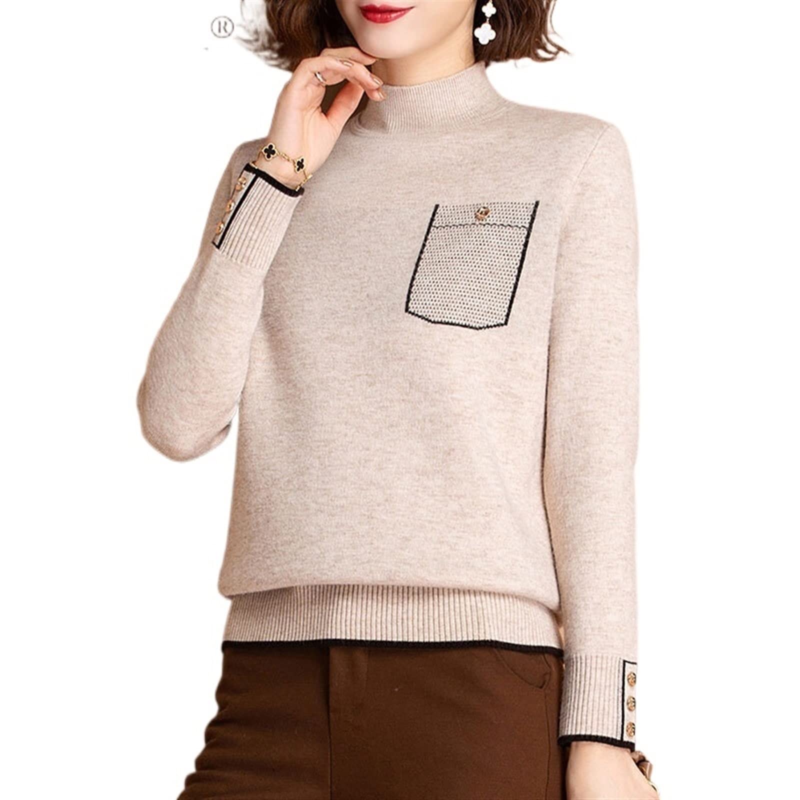 TUYYA Womens Sweaters Women Sweater Solid Color Half Turtleneck Casual Jumper Thicken Knitted Pullover Winter Plus Velvet Warm Sweater Female (Color : XingSe, Size : M)