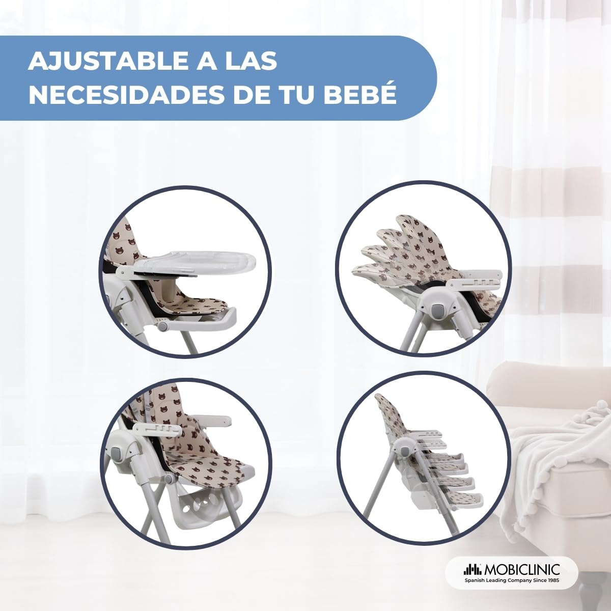 Mobiclinic®, Trona para Bebé, Extraplegado, Evolutiva Silla Alta, Reclinable, Regulable 7 Posiciones, Infantil, Arnés con 5 Puntos, Hasta 15 kg, Doble Bandeja Desmontable, Lavable, Frenos, Simba