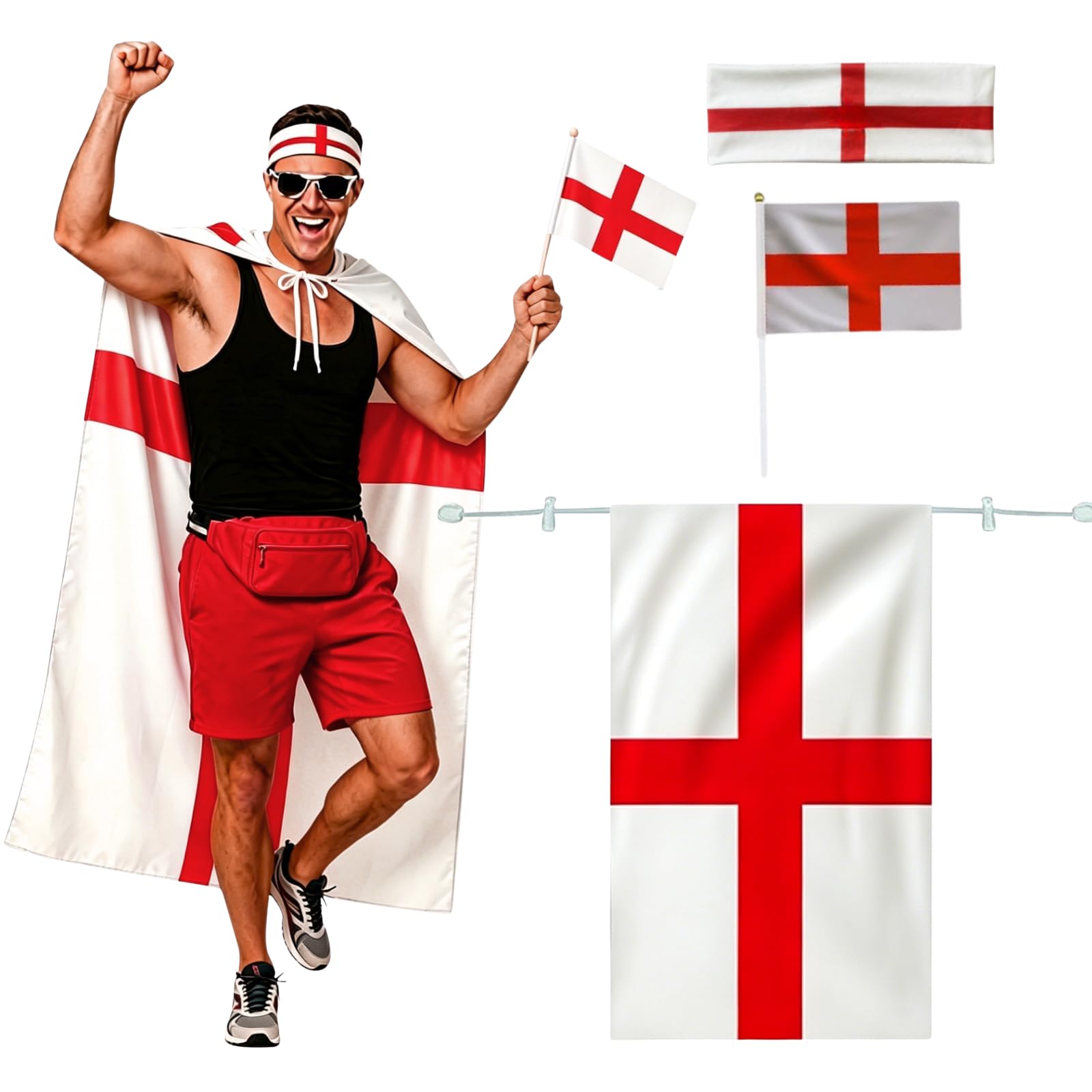 maxToonrain Adult England Flag Costume Set St George's Day Fancy Dress With Elastic Headband Handheld Flags For Football World Cup, European Cup And Patriotic Celebrations（England，150cm）