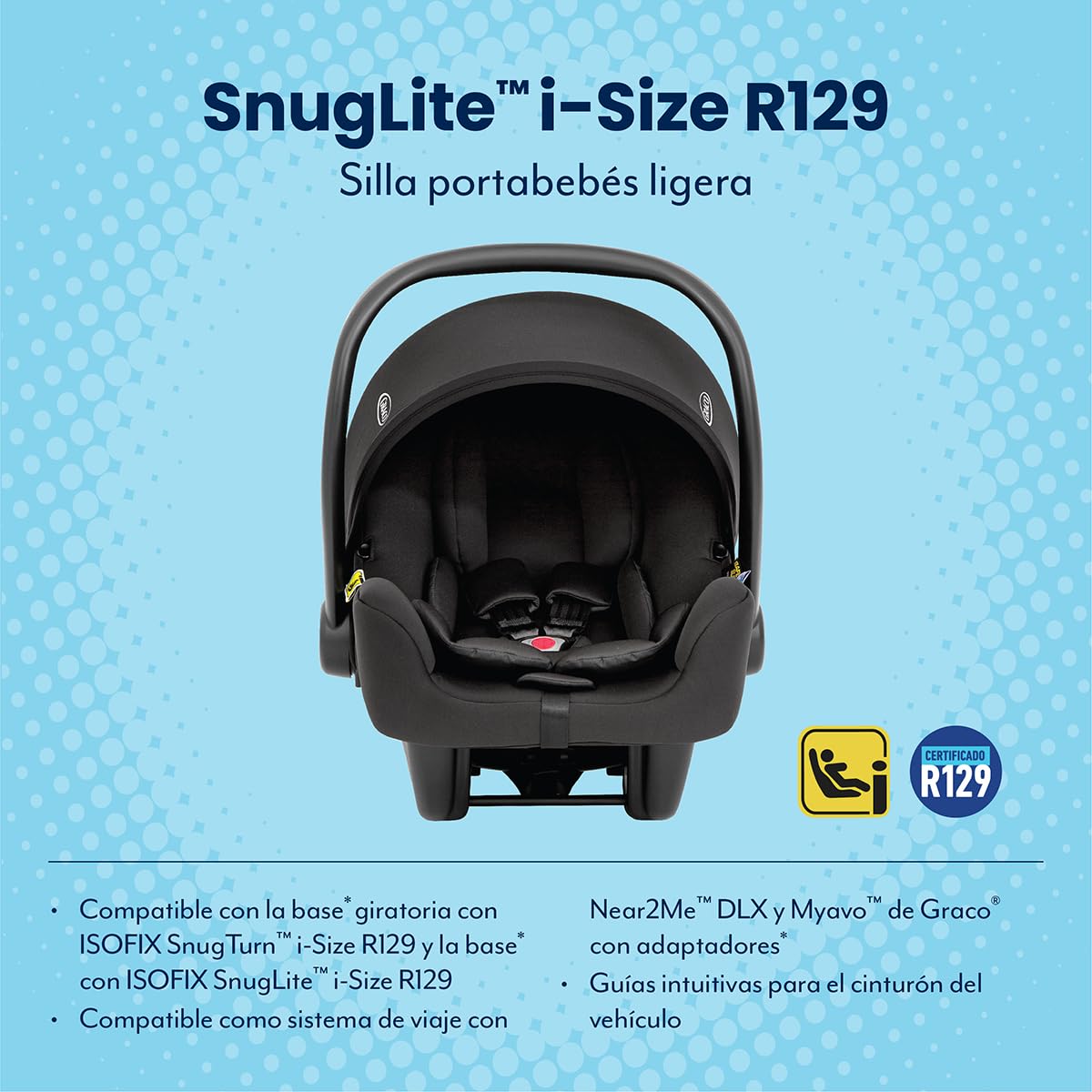 Graco - SnugLite™ i-Size R129 Silla portabebés ligera, de 40 a 75 cm (desde el nacimiento hasta los 12 meses aprox.), compatible con las bases ISOFIX SnugLite y SnugTurn, color Midnight