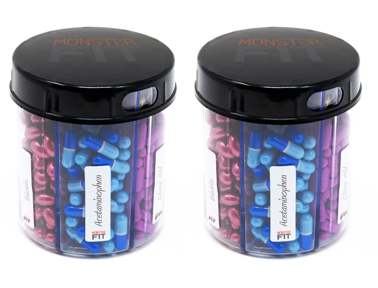 pill thing Monster Jr Supplement Dispenser with Labels - Holds Small Medium Medication Vitamins and Easily Dispense from One Container Includes Compartment Labels (Monster Jr - 2 Pack)