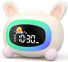 LIORQUE Despertador Niño con luz Nocturna, 4 Niveles de Brillo Ajustables, 5 Colores Claros y 7 Música para Dormir, Despertador Digital con Función Recargable (Blanco Roto)