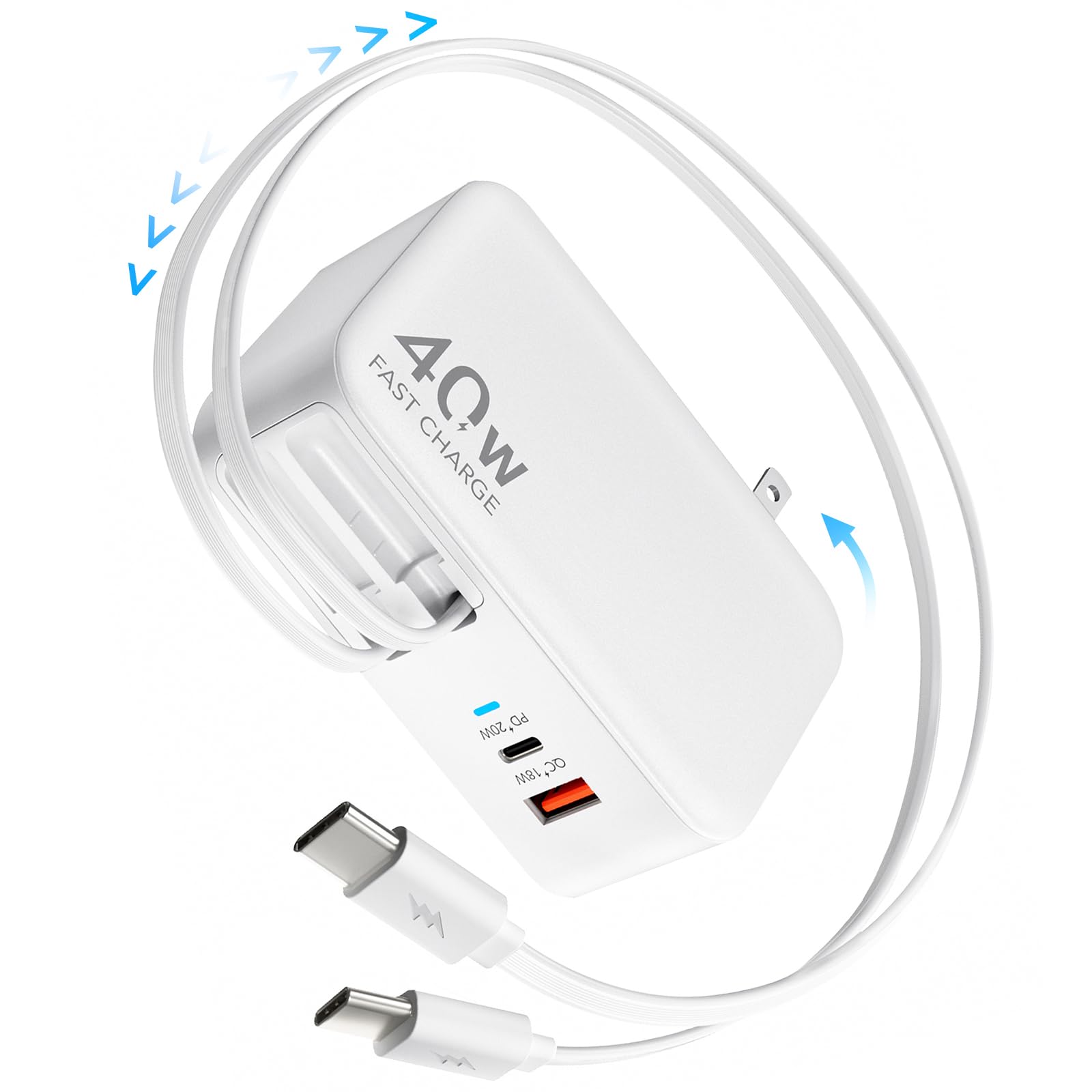 HATALKIN 4-in-1巻き取り式充電器 USB-C充電 折りたたみ式プラグ デュアルUSBポート Type Cケーブル「2本付き、最大90cm」 40W急速充電 PSE認証済み コンパクト 省スペース マルチ充電器 i-Phone 17/16/15/14/13/12、iPad、Galaxy、Pixel対応