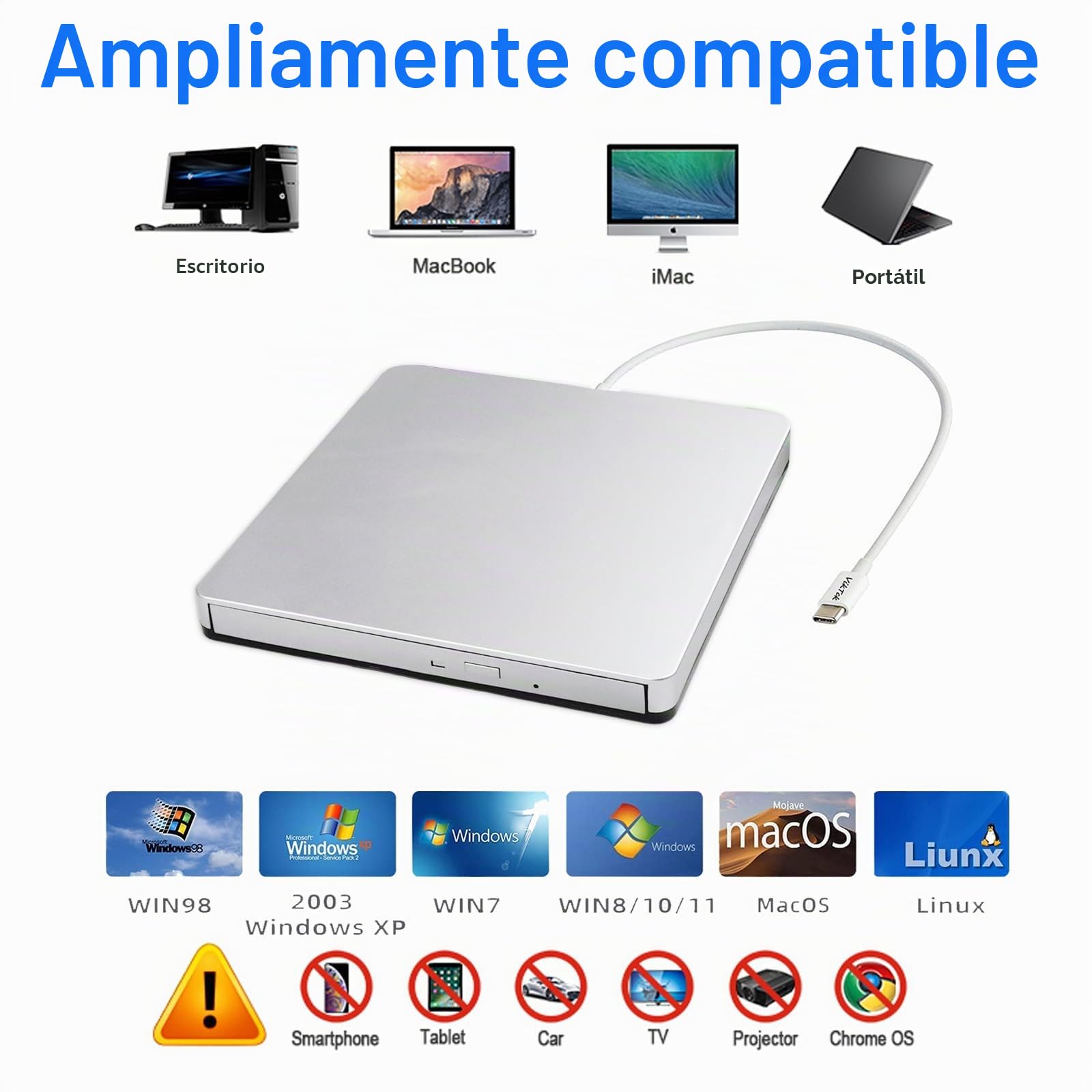 Unidad Externa USB-C SuperDrive DVD CD Lector/grabadora portátil para Apple-MacBook Air/Pro/iMac/Mini/MacBook Pro/ASUS/DELL/Laptop con Puerto USB-C Plug and Play