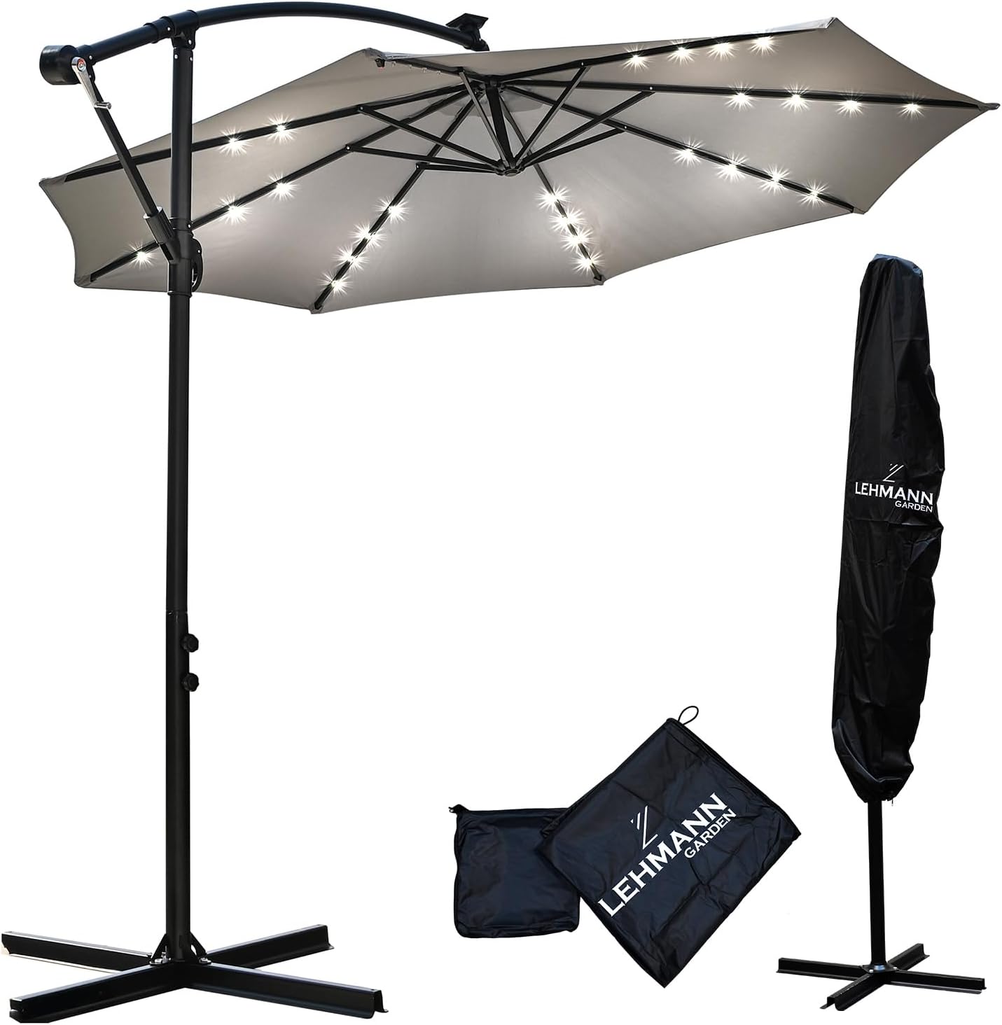 LEHMANN Ombrellone da Giardino con LED – Ombrellone per Esterni con Manovella e Base – Protezione UV – Impermeabile – 32 LED – Funziona a Energia Solare – Con Copertura Protettiva LEHMANN Ombrellone da Giardino con LED – Ombrellone per Esterni con Manovella e Base – Protezione UV – Impermeabile – 32 LED – Funziona a Energia Solare – Con Copertura Protettiva