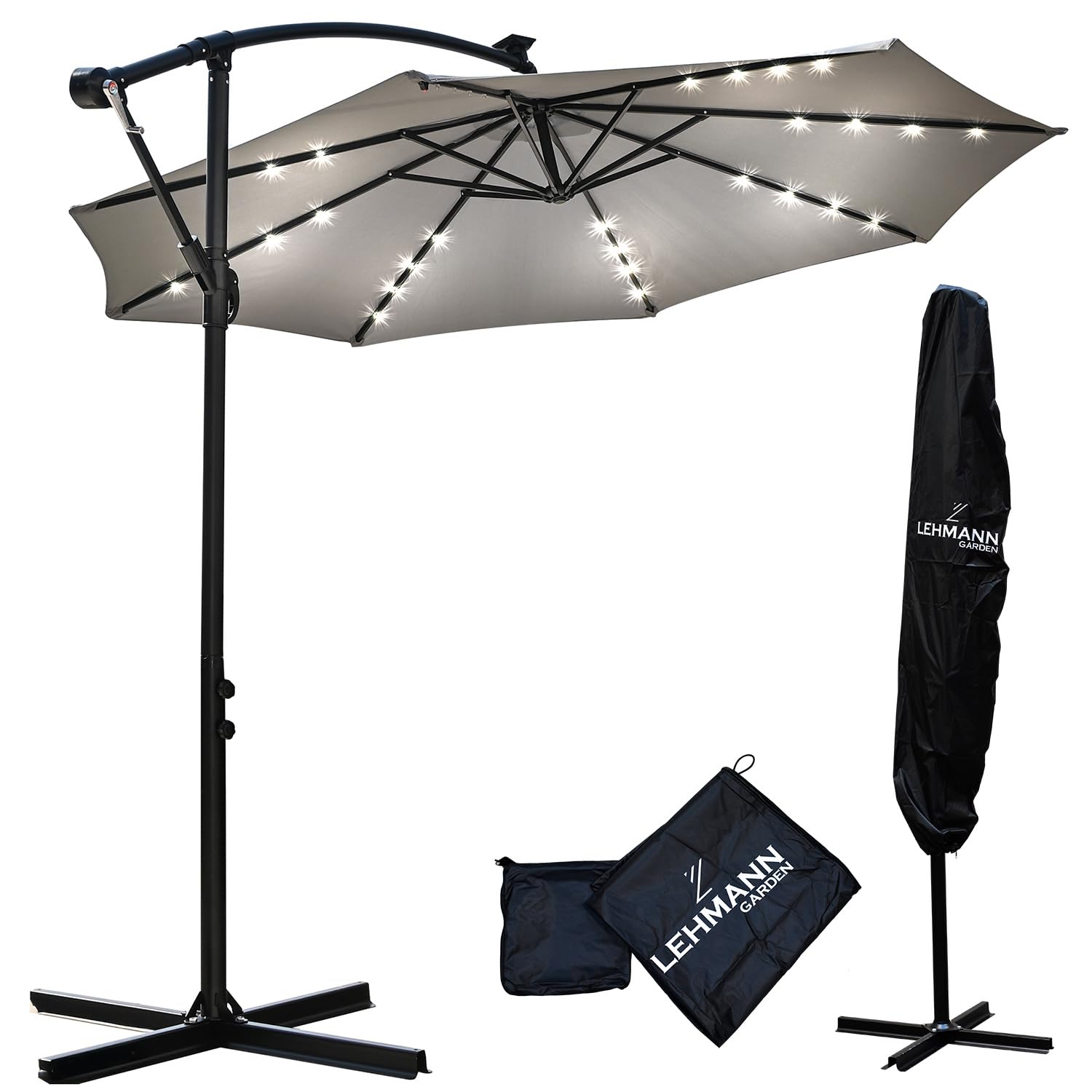 LEHMANN Sombrilla Terraza Exterior con Iluminación LED – Sombrilla con Soporte y Manivela – Protección UV – Impermeable – 32 LED – Funciona con Energía Solar – Incl. Funda Protectora