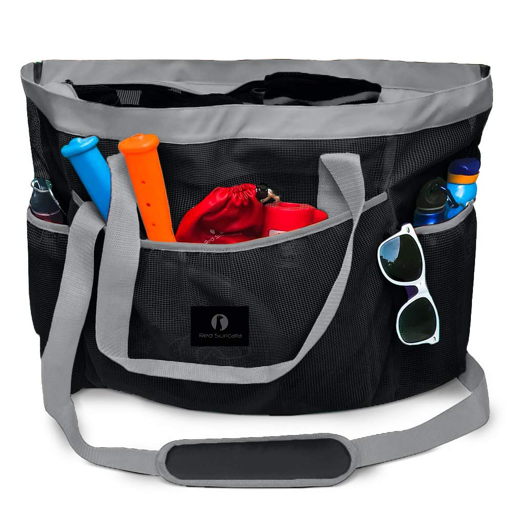 Red Suricata Large Mesh Beach Bag – Beach Bags and Totes (Black/Grey)