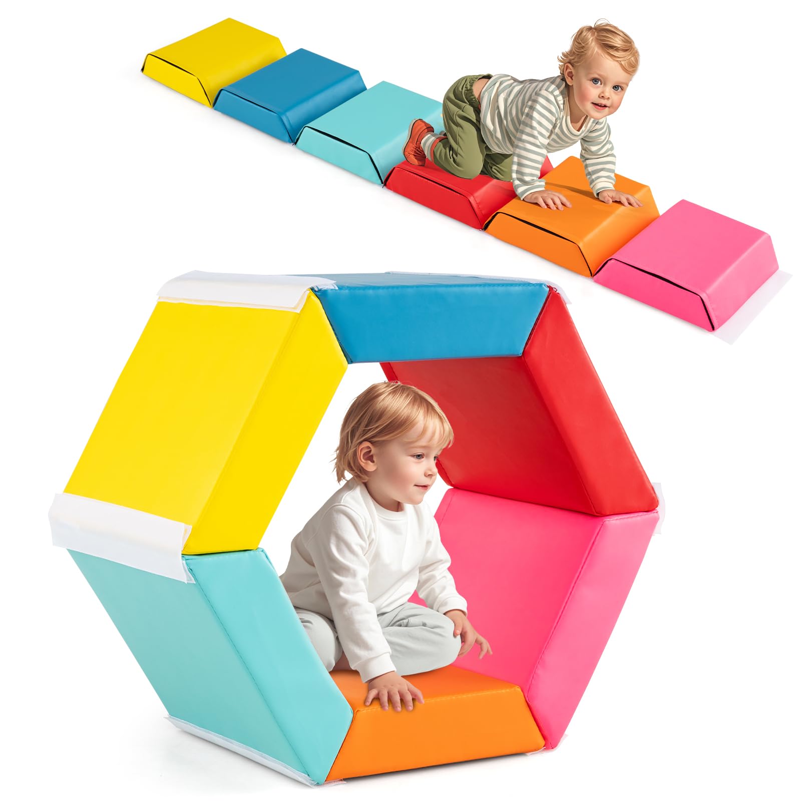 COSTWAY 3 en 1 Module Motricité Bébé en Mousse avec Housse en PU, Parcours Motricité Bébé 6 Pièces avec Attaches Auto-Agrippantes, Fosse à Balles Hexagonale pour Ramper Grimper, 12 Mois+