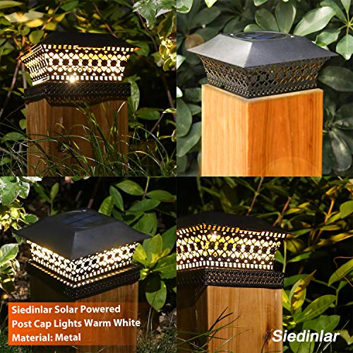 Siedinlar Solar Post Lights Outdoor Fence Deck Cap Light Solar Powered Metal Warm White LED Lighting Waterproof for Garden Patio Decoration 4x4 5x5 Wooden Posts Black (2 Pack)