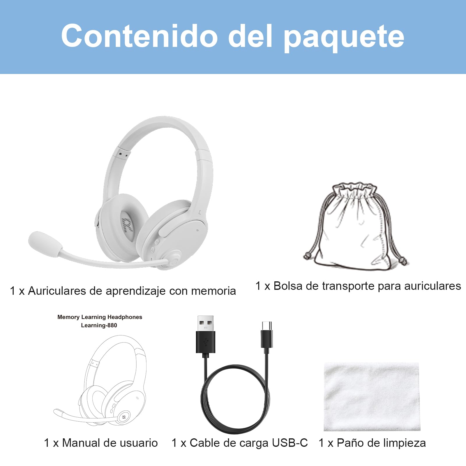 Auriculares Memory Learning, Bluetooth 5.3 con Eco Tiempo Real para Lectura, Entrenamiento de Idiomas & Aprendizaje Multisensorial, 20H Batería, Cascos Over-Ear Sin Latencia para Apoyo Educativo