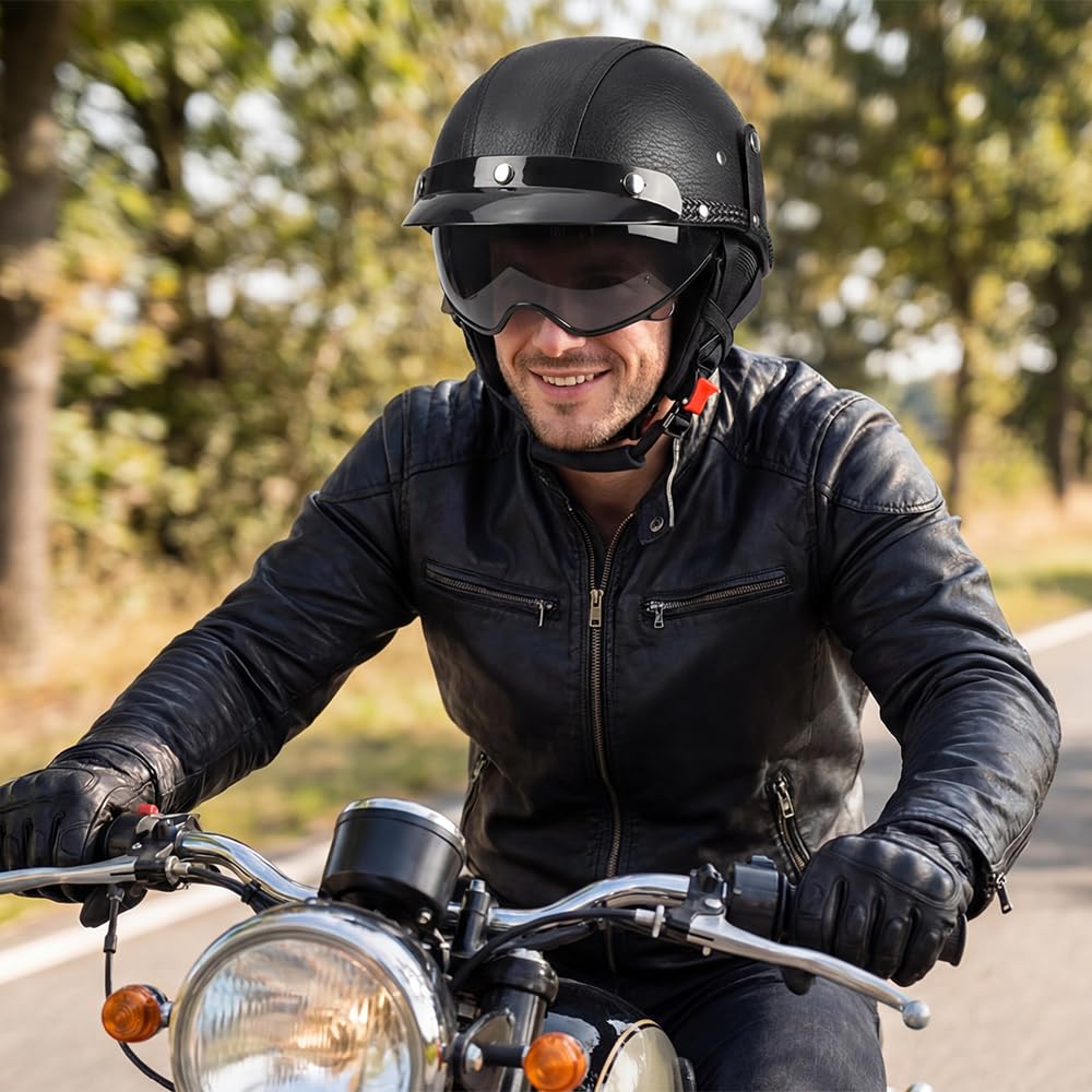 Retro Leder Halbschalenhelm ECE-zertifizierter -Design mit Hochfestem ABS PC-Visier - Abnehmbares Innenfutter, Schnellverschluss, für Chopper/Moped/Roller - HerrenDamen (C, L57~58CM)