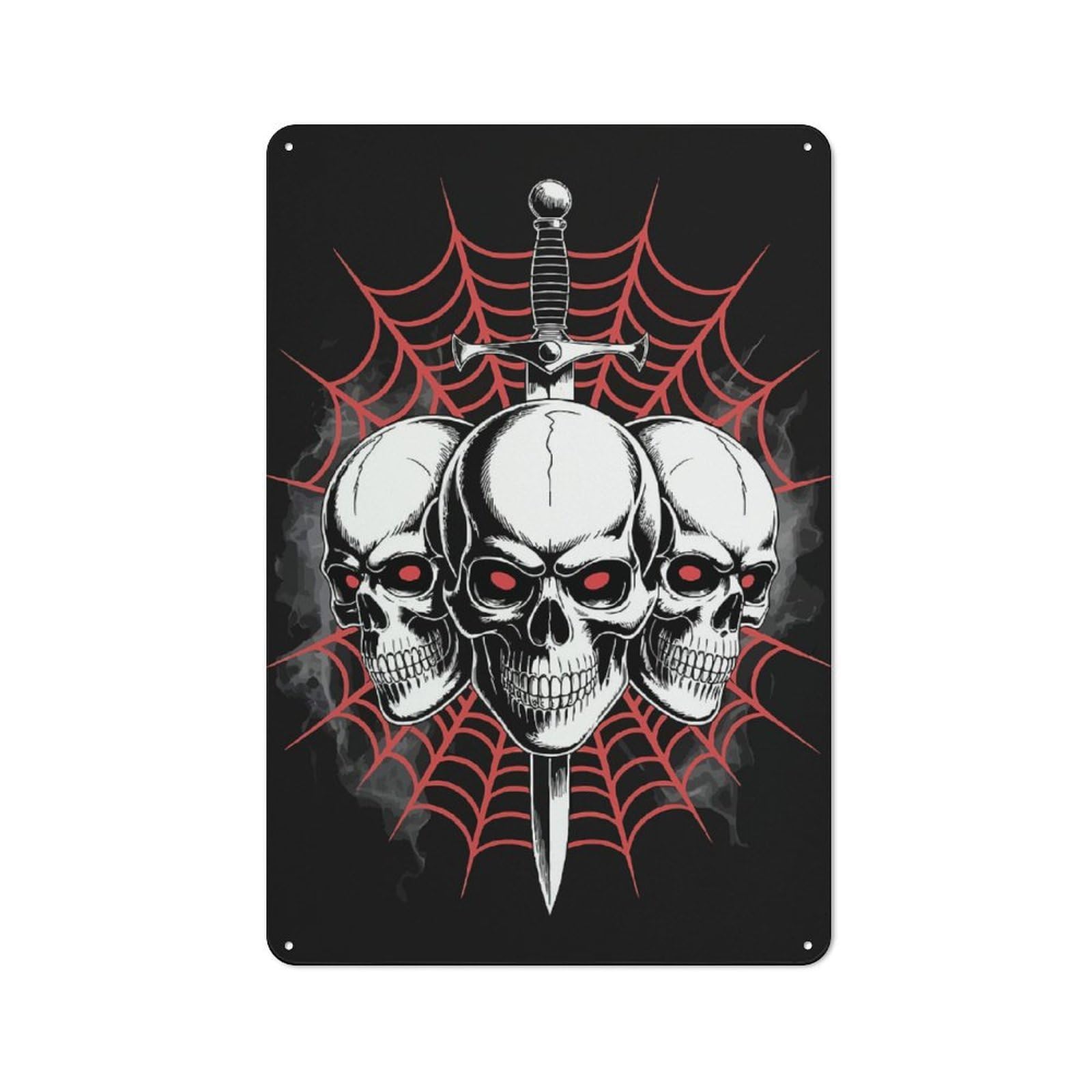 Junmoney Skulls, Sword, And Spiderweb Illustration Printed Metal Sign 30X20cm For Man Cave Or Games Room, Suited To Man Cave Decor Fans