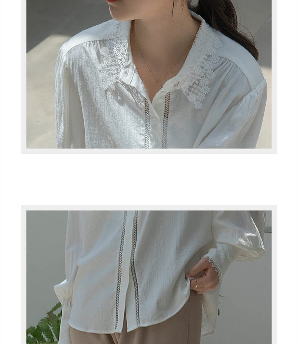 MIDJ Damenhemden,Elegante Damen Spitze Tops Shirt Weiß Satin Tunika Shirt Puff Langarm Chiffon Bluse Shirt Sommerjacke Casual Office Business Bluse Für Mädchen Damen