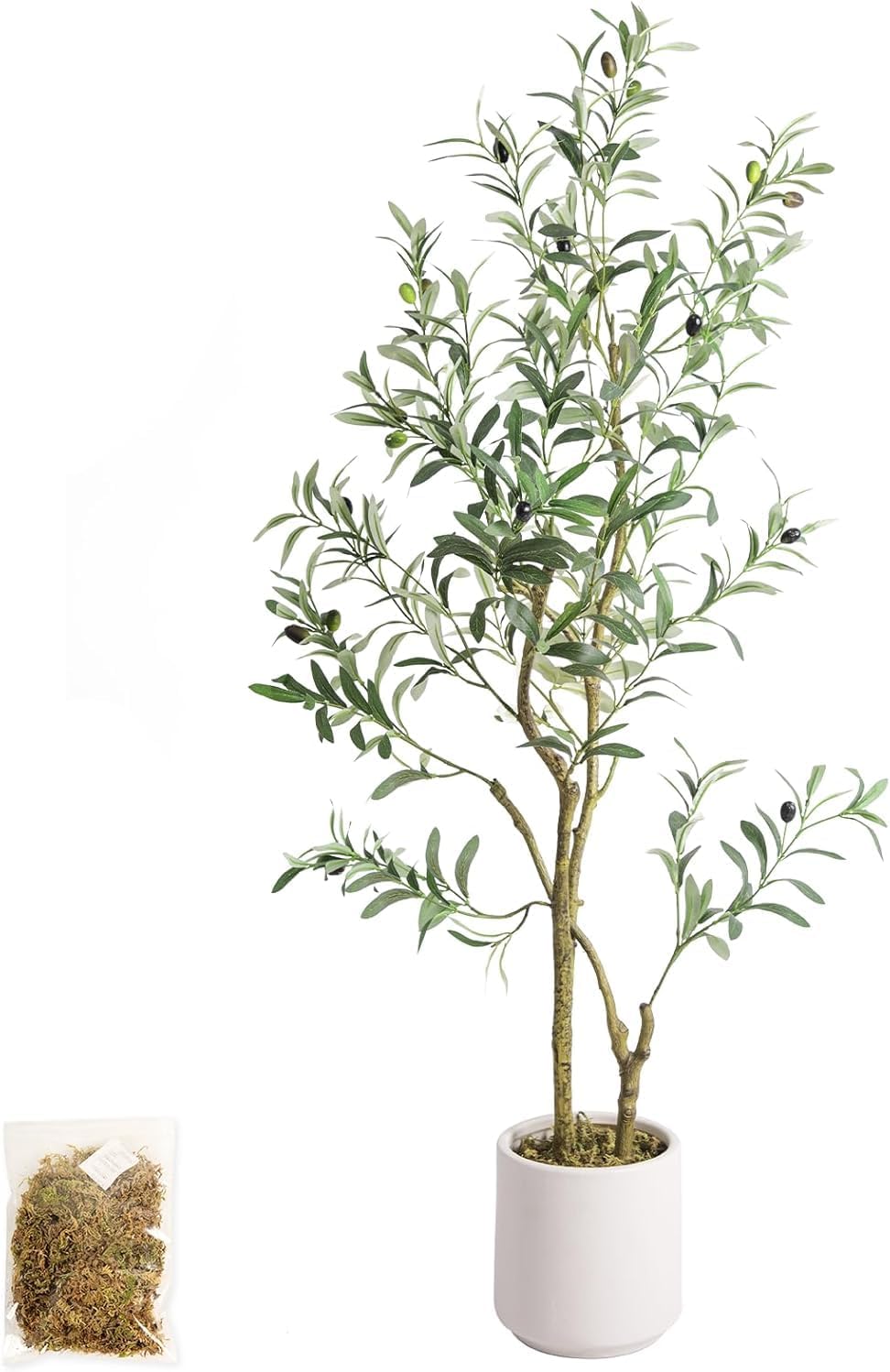 Artificial Fake Olive Tree 4FT Tall 1Pack with White Planter Faux Silk Olive Tree for Home Living Room Office Decor Faux Artificial Plants Indoor with Fruit & Free Moss 1 4ft