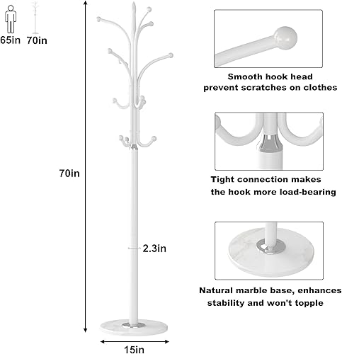 Miniatura 2 de HOMEFORT Perchero, árbol independiente con base de mármol natural, árbol de pasillo de metal con 12 ganchos para colgar sombrero, ropa, bolsa,