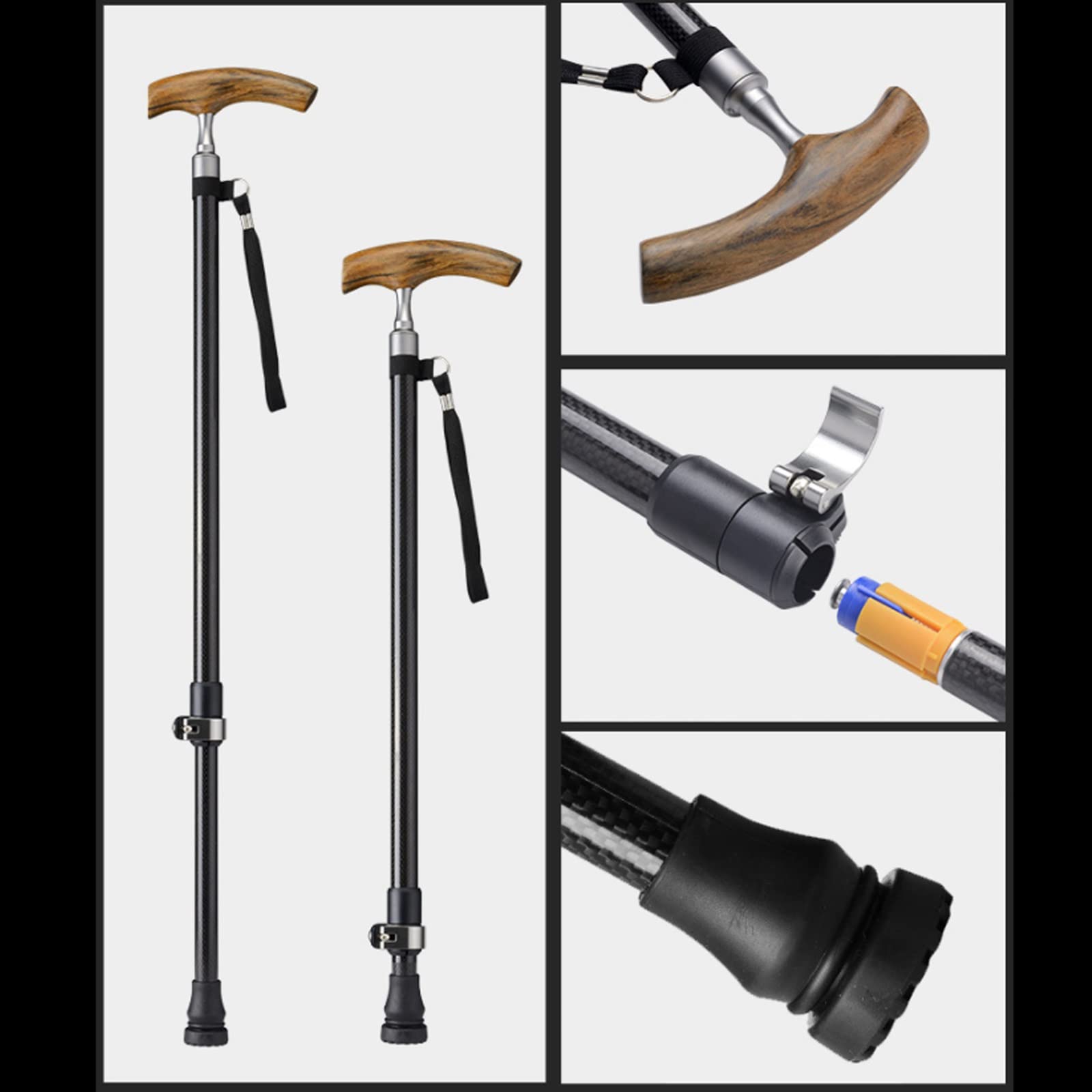 Bastón para Caminar, Bastón Retráctil Portátil de Fibra de Carbono, Ayuda de Movilidad de Equilibrio Ligero con Mango Ergonómico Y Correa para La Muñeca