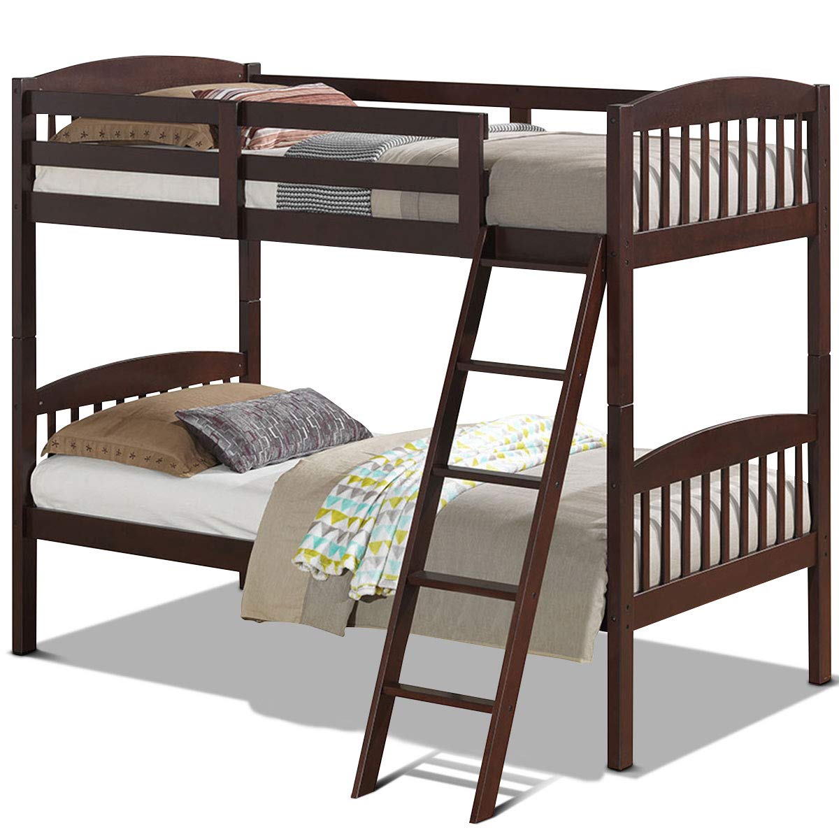 KOMFOTT Wood Bunk Bed Twin Over Twin, Space-Saving Bunk Bed Convertible Into 2 Individual Beds, Solid Wood Bunk Bed Frame with Ladder & Safety Guardrails, No Box Spring Needed (Espresso)