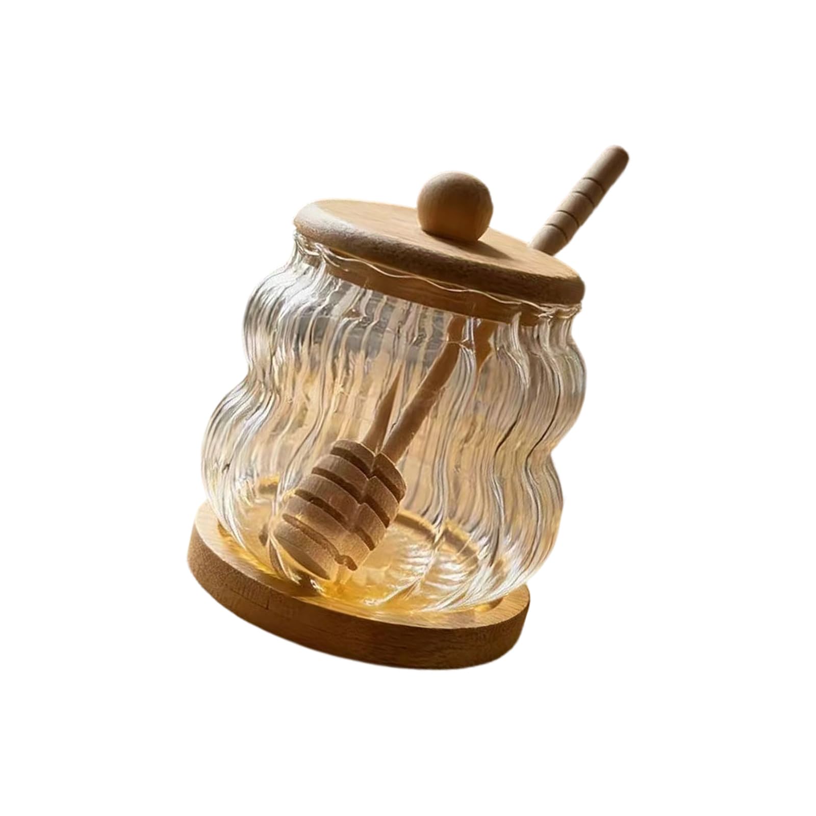 hogtnd Shatterproof Borosilicate Glass Storage Jar, Transparent Honey Storage Container with Wood Mixer and Lid for Kitchen, Dear Dispenser with Stirrer