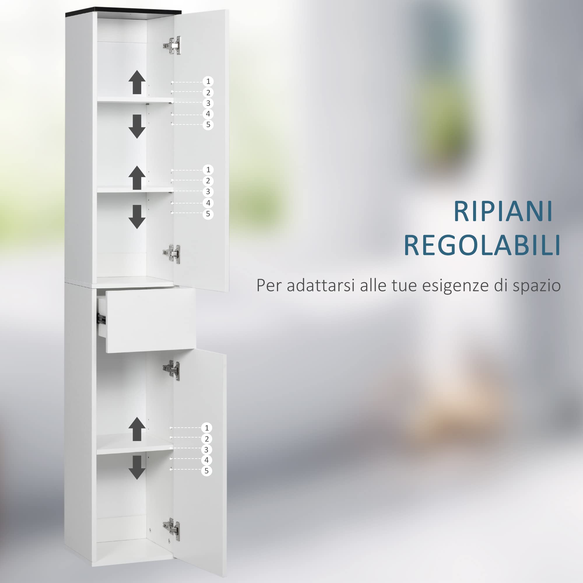kleankin Colonna Bagno con 2 Armadietti e Cassetto, Mobile Bagno Alto, Mobiletto Bagno Salvaspazio con 2 Ante, Ripiani Regolabili in Legno, 30x28x180 cm, Bianco