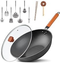 Carbon Steel Wok, 9 Pcs Wok Pan with Glass Lid & Handle Stir-Fry Pans 12.8" Chinese Wok Flat Bottom Wok with Cookware Accessories Suitabe for all Stoves (Black)