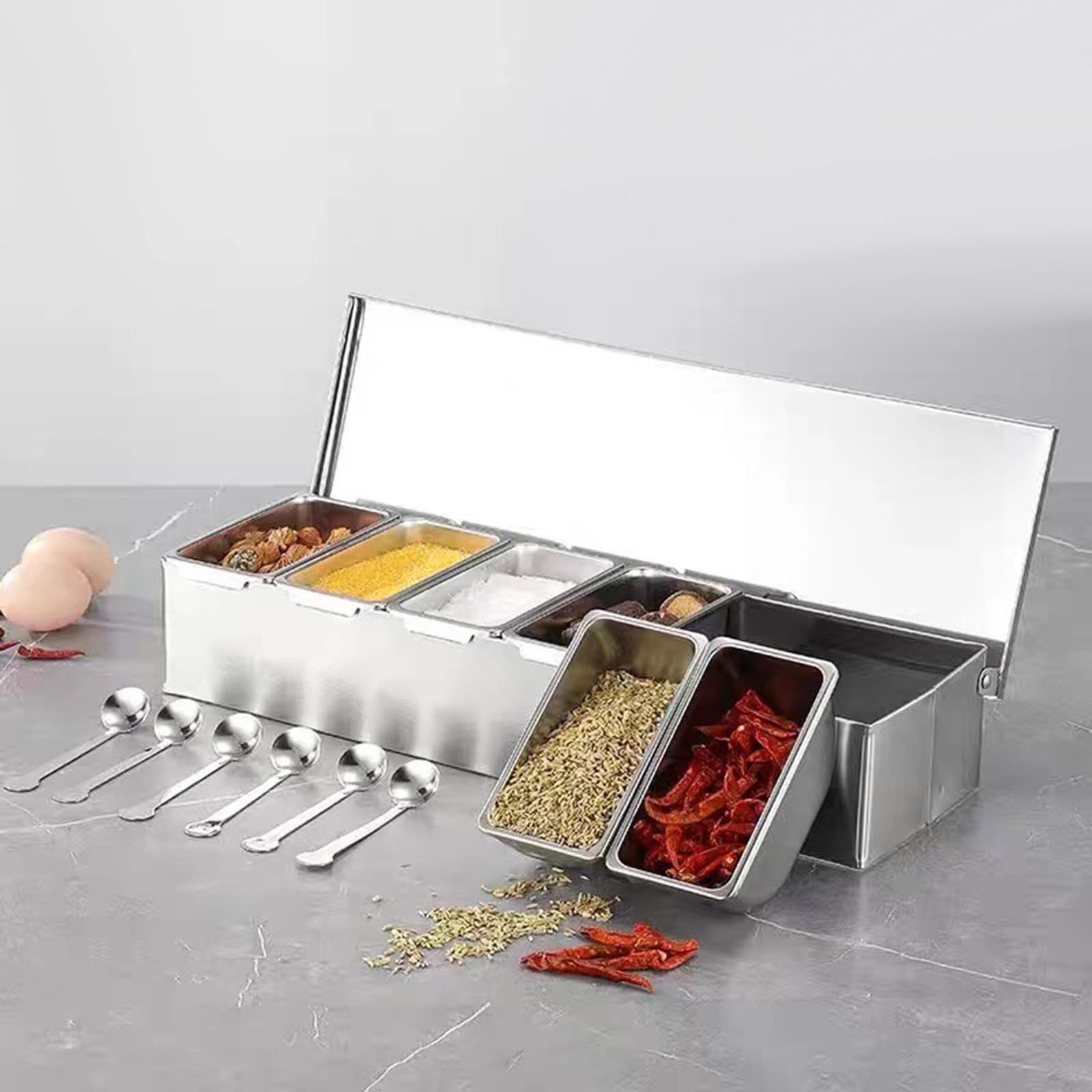 Contenitore per spezie da cucina di qualità, multiscomparto, scatola per condimenti in acciaio inossidabile con coperchio per decorazioni e set di, Sei griglie