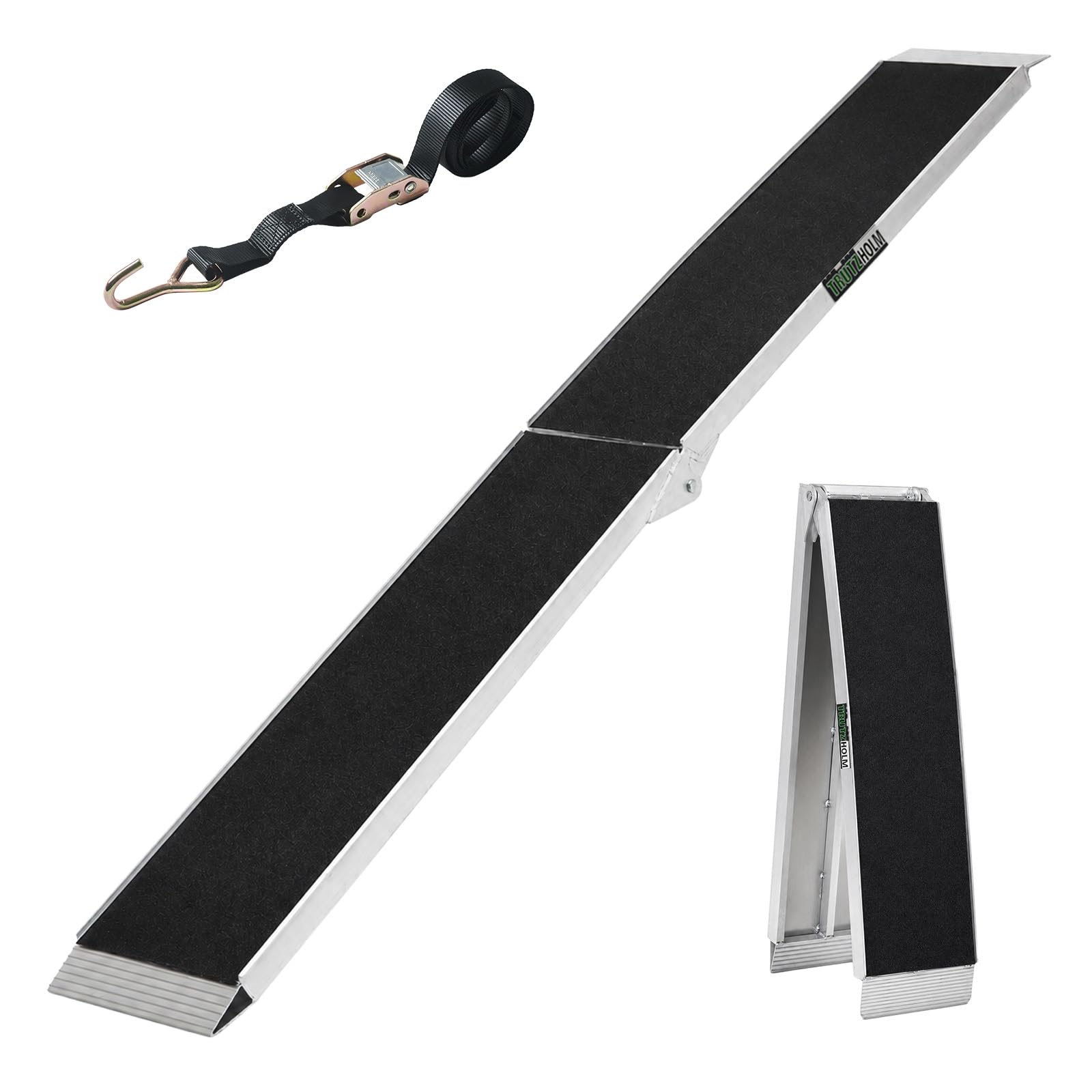 TRUTZHOLM 1x Auffahrrampe klappbar 228 cm 340 kg Traglast Aluminium Rampe mit Friktionsbeschichtung Anti Rutsch Motorradrampe Fahrradrampe E-Bike Rampe inkl. Spanngurt