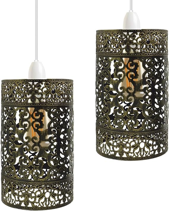 2 Pack Industrial Brushed Brass Wire Cage Ceiling Light Shade – Easy Fit Metal Pendant Lamp Shade with Reducer Ring E27 Fitting for Living Room, Bedroom, Kitchen, Dining Room