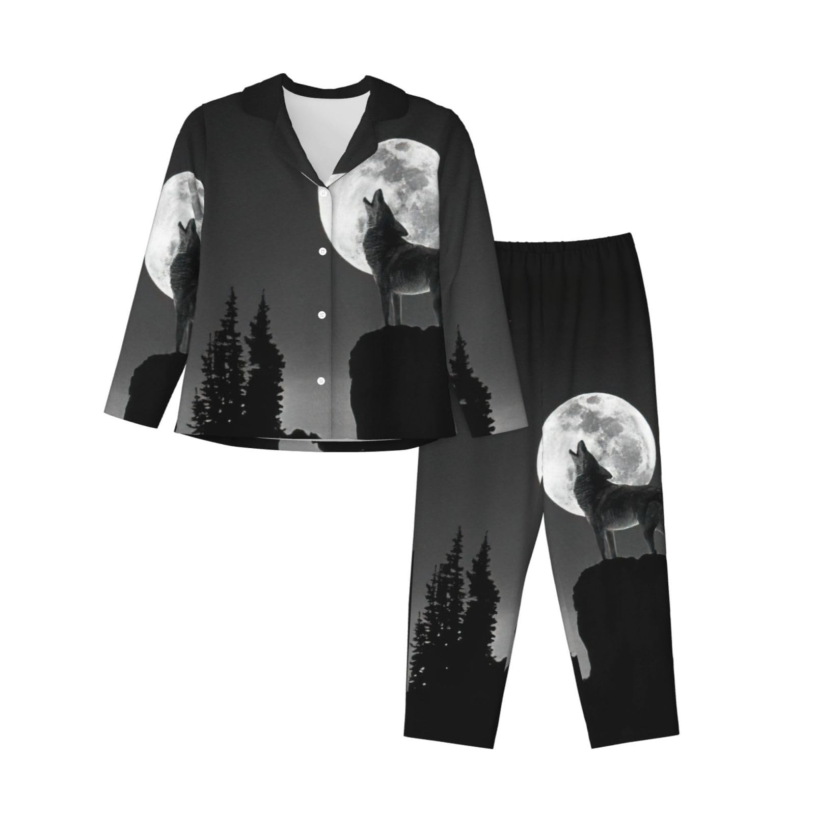Yagdaa Women's Black Wolf Night Moon Print Pajama Sets With Pockets Long Sleeve Button Down Lounge Sleepwear Nightwear Pjs
