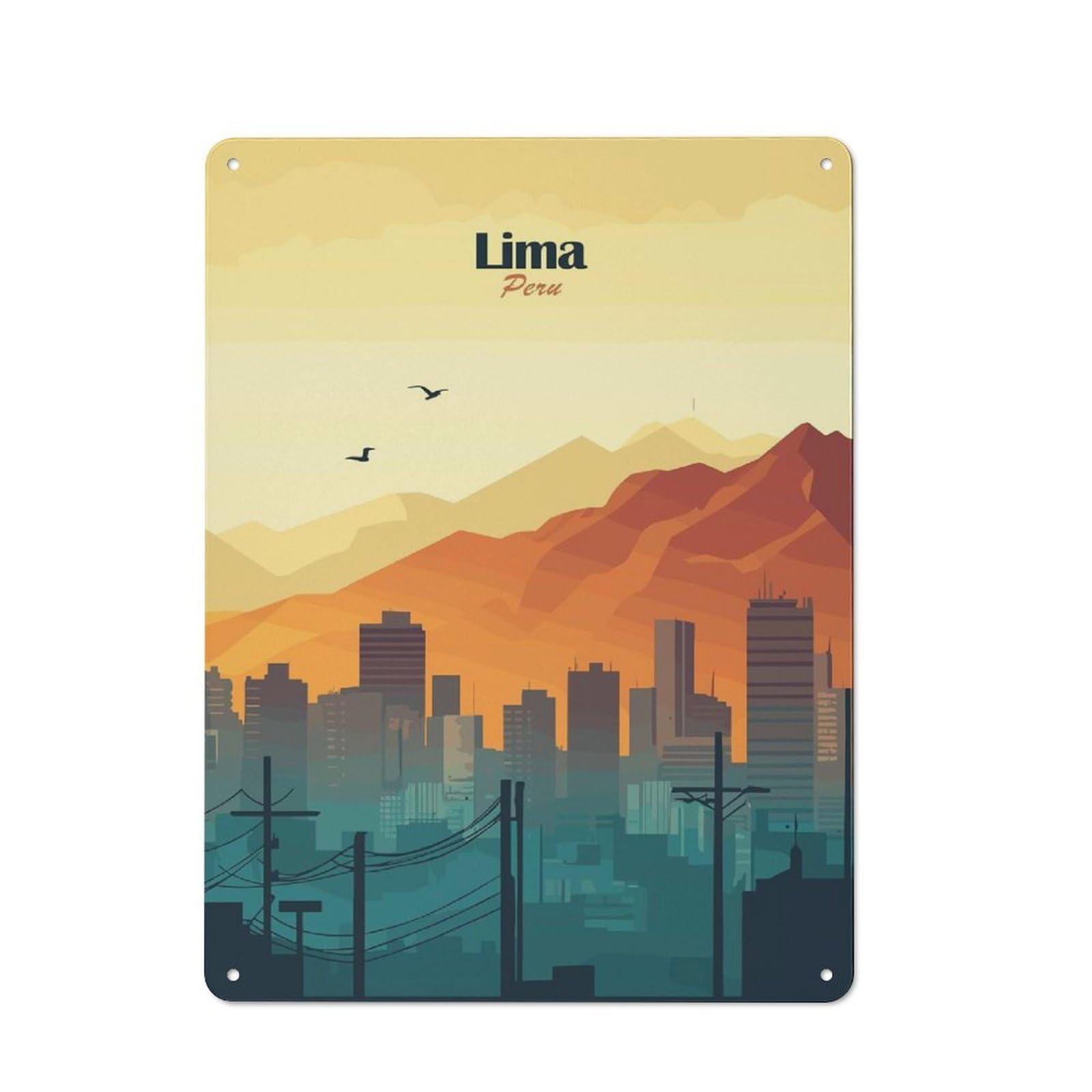 Junmoney Style-14 Kitchen Metal Sign With Lima Skyline Illustration Design 40X30cm, Cosy Kitchen Wall Decor For Coffee Bar, Kitchen, Bistro Or Tea Corner