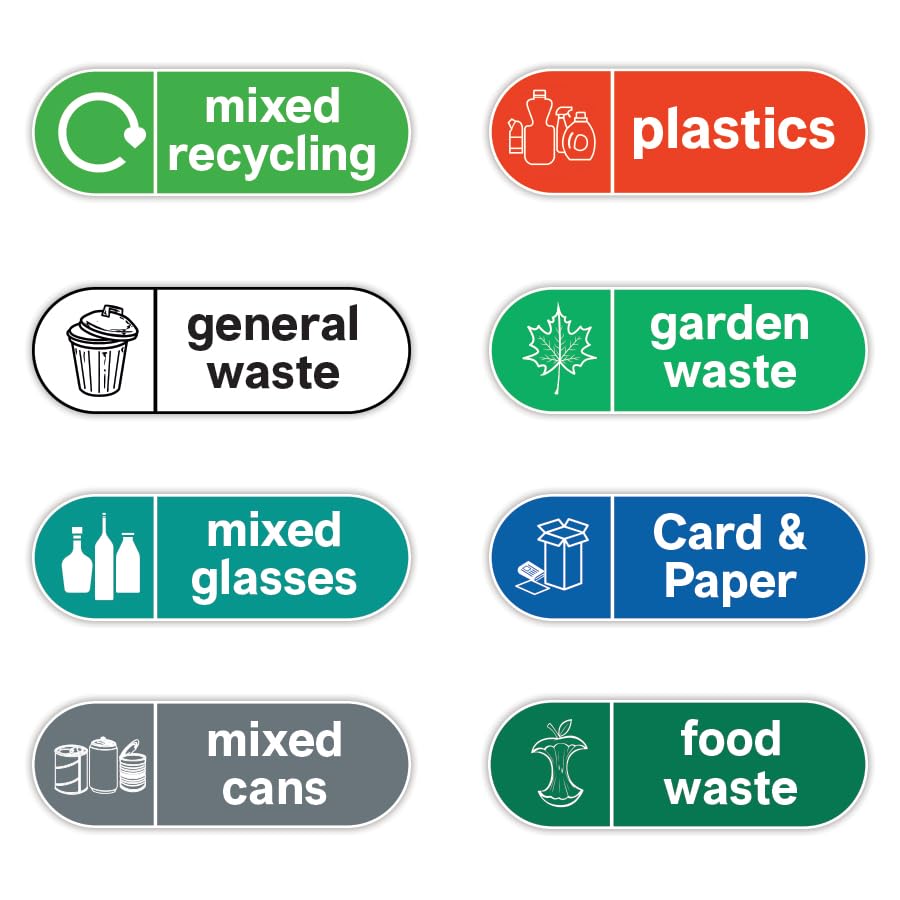 Pack of 8 General Waste Stickers for Bins Self Adhesive Recycling Stickers for Bins (150 x 50 mm) Recycling Labels