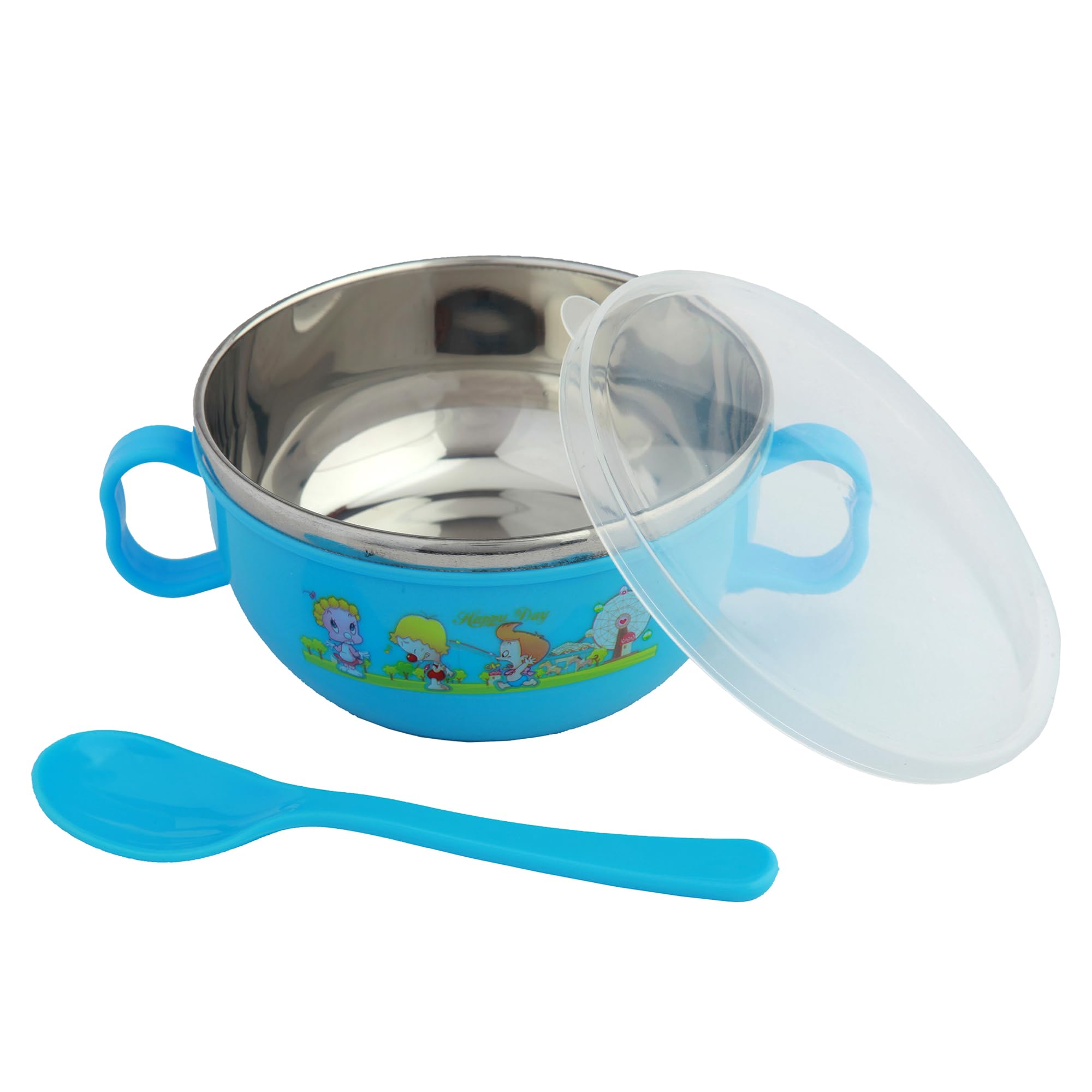 BabyMoo Baby Feeding Bowl Set - BPA Free Insulated Stainless Steel- Cartoon Print, Airtight Lid, Keeps Food Warm, with Spoon - Perfect for Toddlers - Blue Steel Bowl & Spoon Tiffin Set