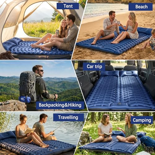 Image of Double Sleeping Pad for Camping - Ultralight Air Mattress with Pillows, Built-in Foot Pump, Compact Inflatable 2-Person Portable Mat for Backpacking, Hiking, Tent, Car Travel, Beach,Road Trip