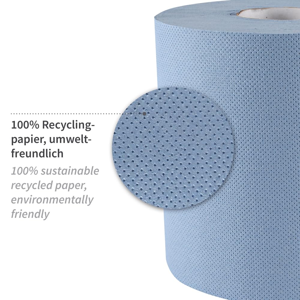 HygoClean Papierhandtuchrollen 2-lagig Blau – 6 Rollen Recyclingpapier, 450 Blatt Pro Rolle, Innenabwicklung, Geprägt – Für Werkstatt & Küche